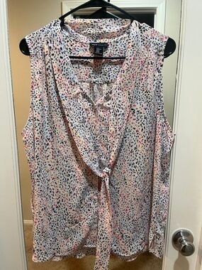 JNY Jones New York White Multi-Color Speckled Tie-Front Blouse Size XL
